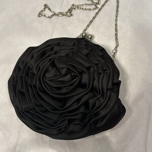 Black satin rosette purse with removable silver chain